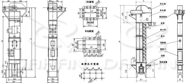 TD/D型斗式提升机基本结构:机头盖，机头座，减速电机，直管，底座，紧张装置等。