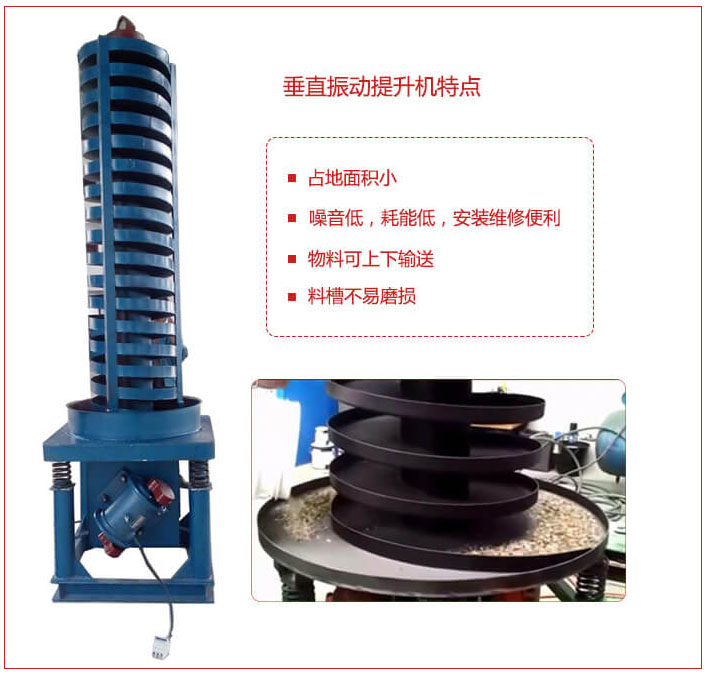 DZC垂直振动提升机主要特点：产品占地面积小，便于工艺布置。物料壳向上输送，亦可向下输送。噪音低，结构简单，安装，维修便利。能耗小，节约电能，料槽磨损小。