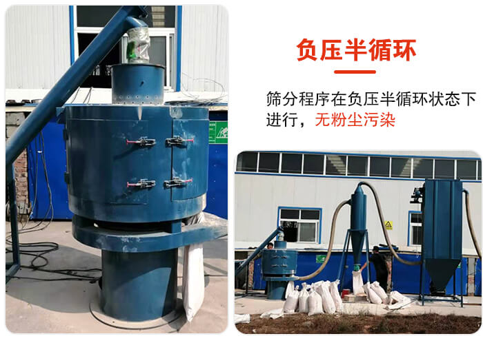 气流筛负压半循环，筛分程序在负压版循环状态下进行，无粉尘污染。