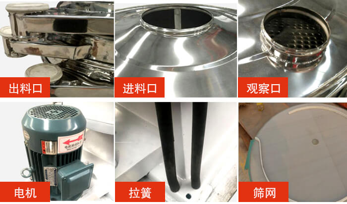 摇摆筛细节展示：出料口，进料口，观察口，电机，拉簧，筛网等。